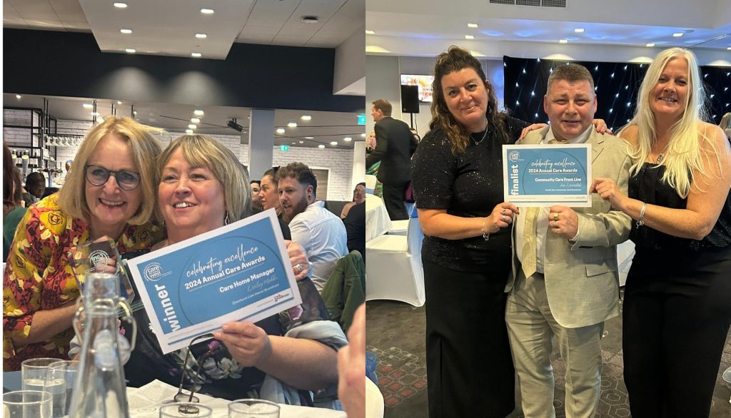 Lesley Hobbs and Jan Lesundak holding their 'winner' and 'finalist' certificates at the 2024 care awards.